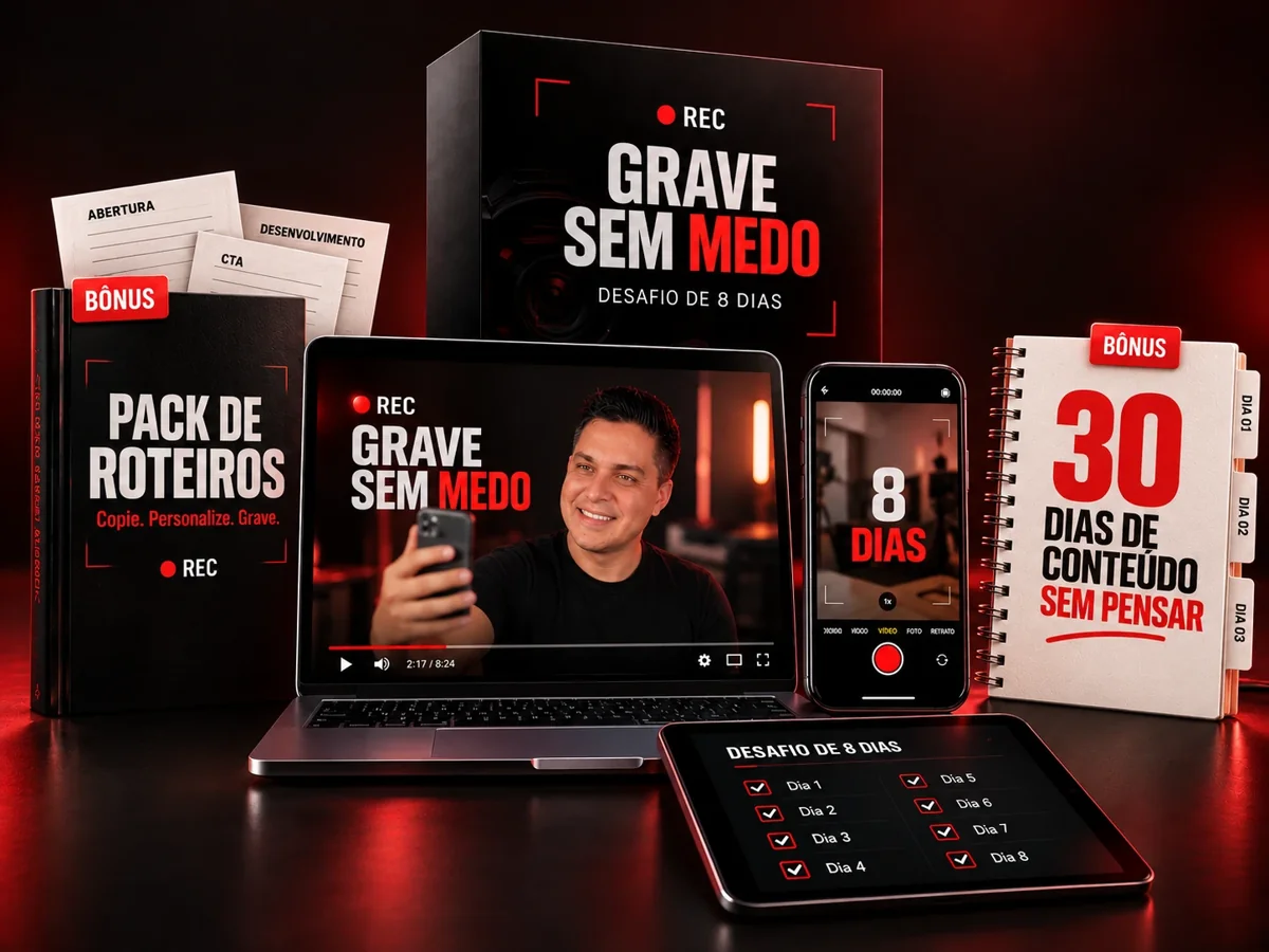 Kit Grave Sem Medo: desafio de 8 dias, aulas em vídeo, Pack de Roteiros e 30 Dias de Conteúdo Sem Pensar